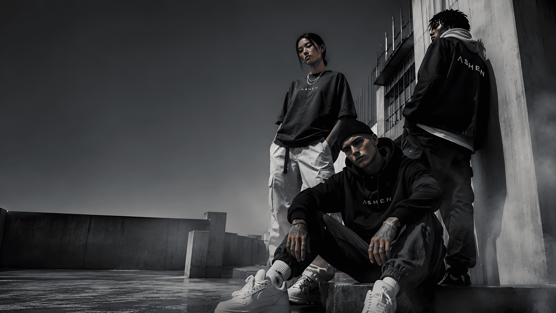 ASHEN editorial hero — oversized streetwear on urban rooftop